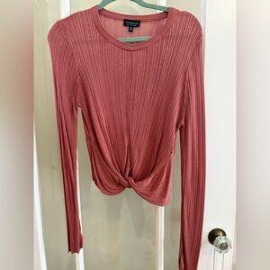 Topshop Ribbed Long-Sleeve Twist Front Top - Dusty Rose